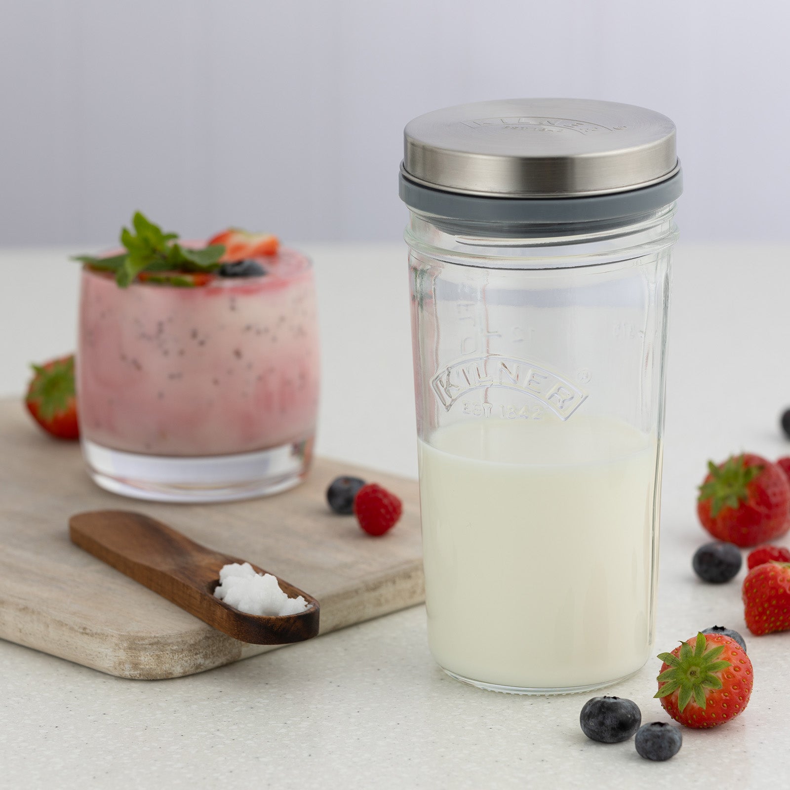 Kilner Kefir Set with Wide Mouth Jar, Silicone Strainer Cap, Stainless Steel Lid, 17 Ounce
