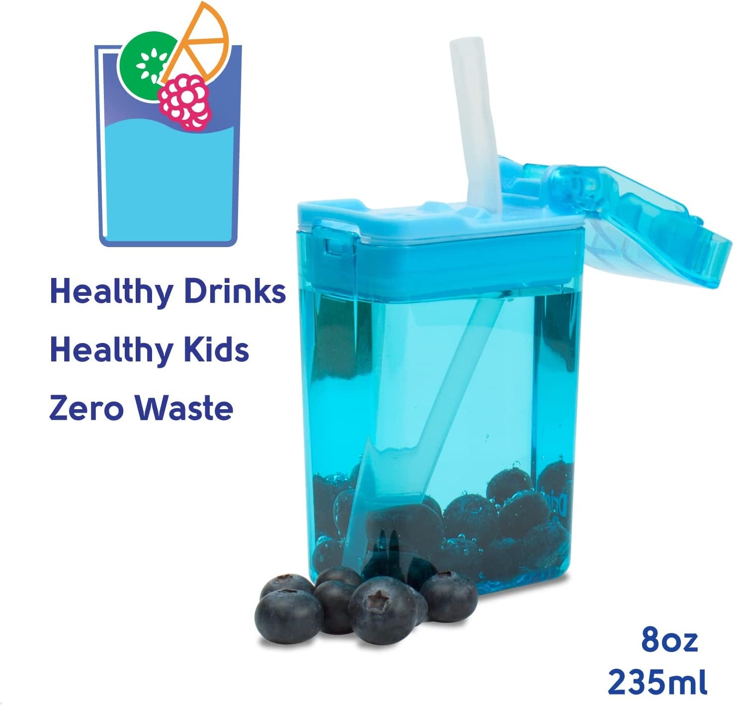 Precidio Design Drink in the Box Eco-Friendly Reusable Juice Box Container, 8 ounce, Blue