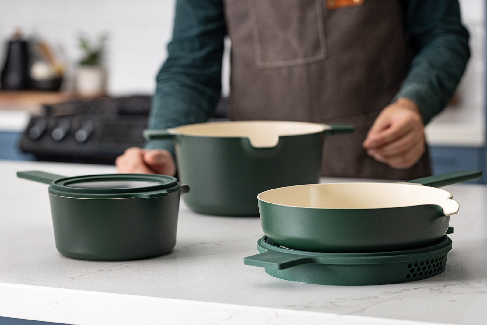 Alva Neat 5-Piece Ceramic Nonstick Stackable Cookware Set, Induction & Oven Safe, Green
