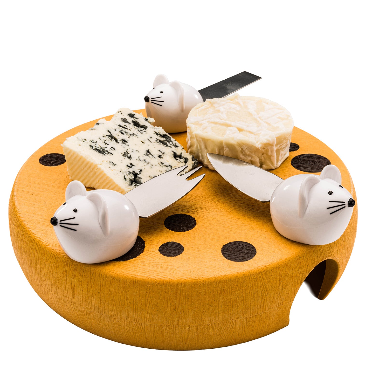 Mobi Mouse House Cheese Wheel Server Board with 3 Mice Cheese Knife Tools