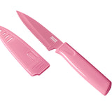 Kuhn Rikon Colori Non-Stick Serrated Paring Knife with Safety Sheath, 4 inch, Pink