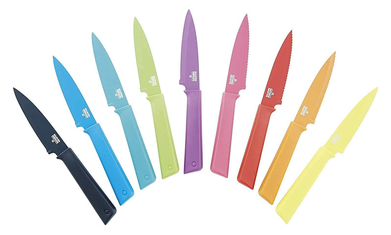 Kuhn Rikon COLORI+ Non-Stick Straight and Serrated Paring Knives with Safety Sheaths, Set of 2, Red and Green