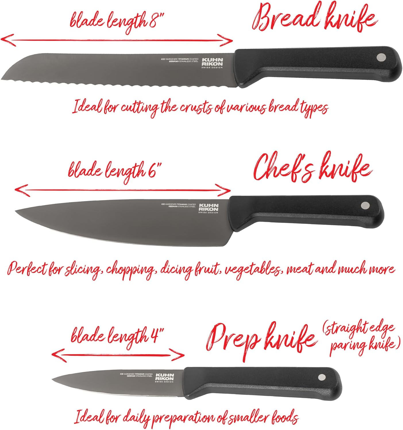 Kuhn Rikon ICED 3 Piece Knife Set, Paring, Chef, Bread, Ice Hardened German Stainless Blade