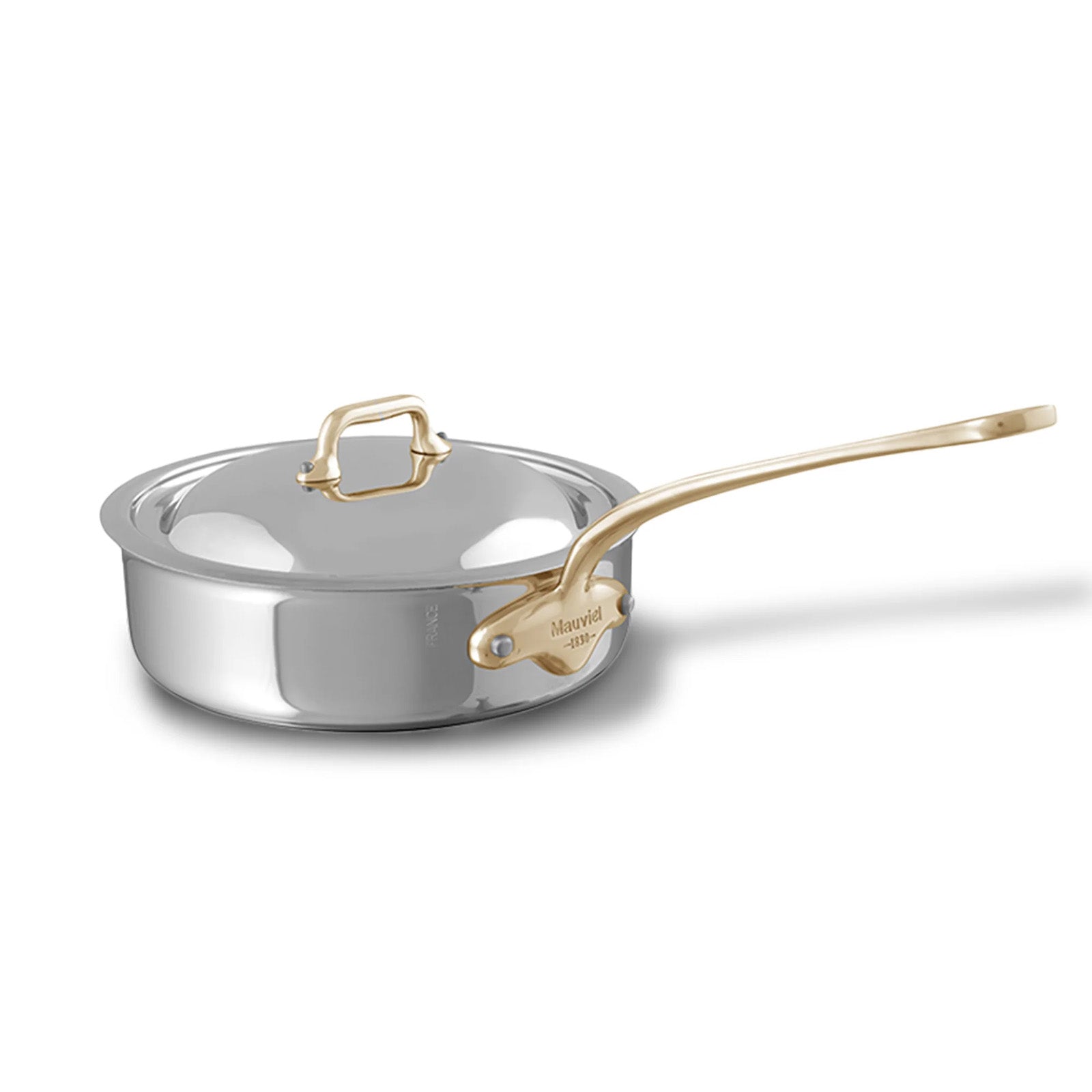 Mauviel M'Cook B 5-Ply Stainless Steel Saute Pan With Lid and Brass Handle, 3.2-qt