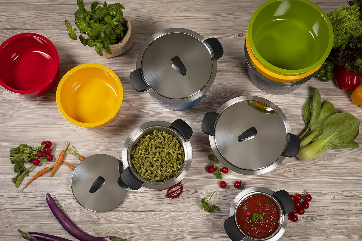 Kuhn Rikon Hotpan Stainless Steel Cooking Pot with Insulated Bowl, 5.3-Quart, Red