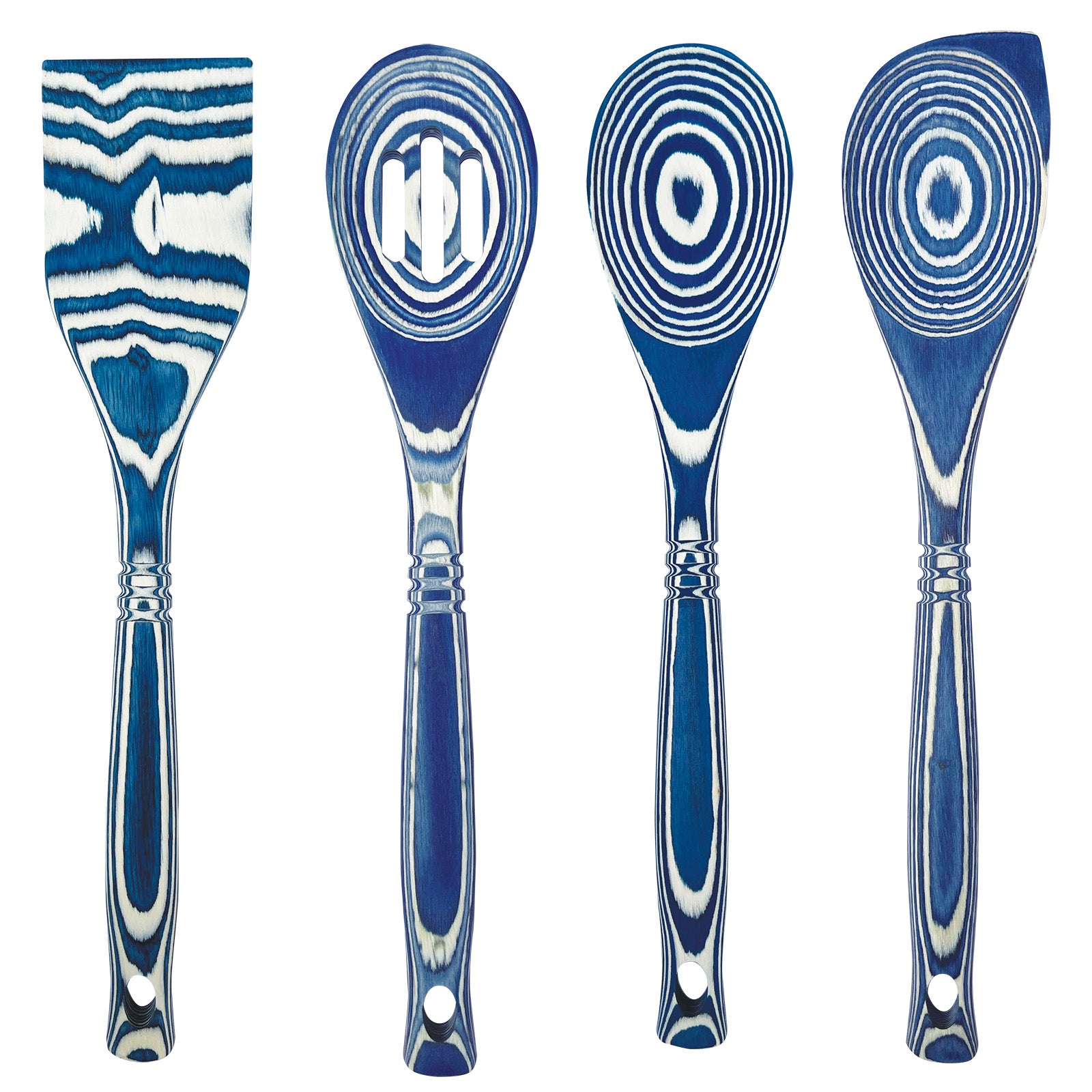 Island Bamboo 4 Piece Pakkawood Cooking and Serving Utensil Set, Corner Spoon, Slotted Spoon, Spoon, Spatula, Blueberry