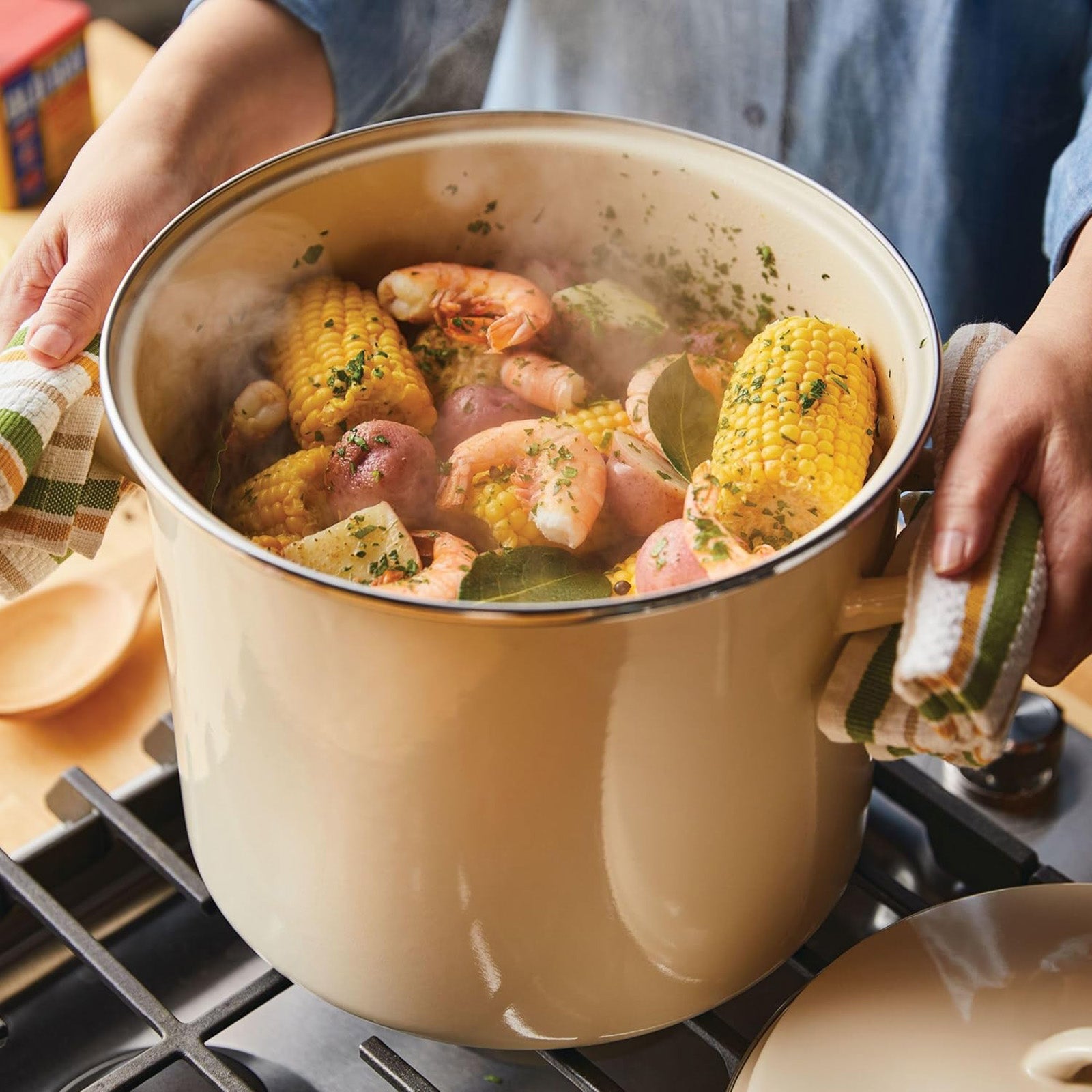 Rachael Ray 12-Quart Induction Enamel Stockpot with Lid, Almond