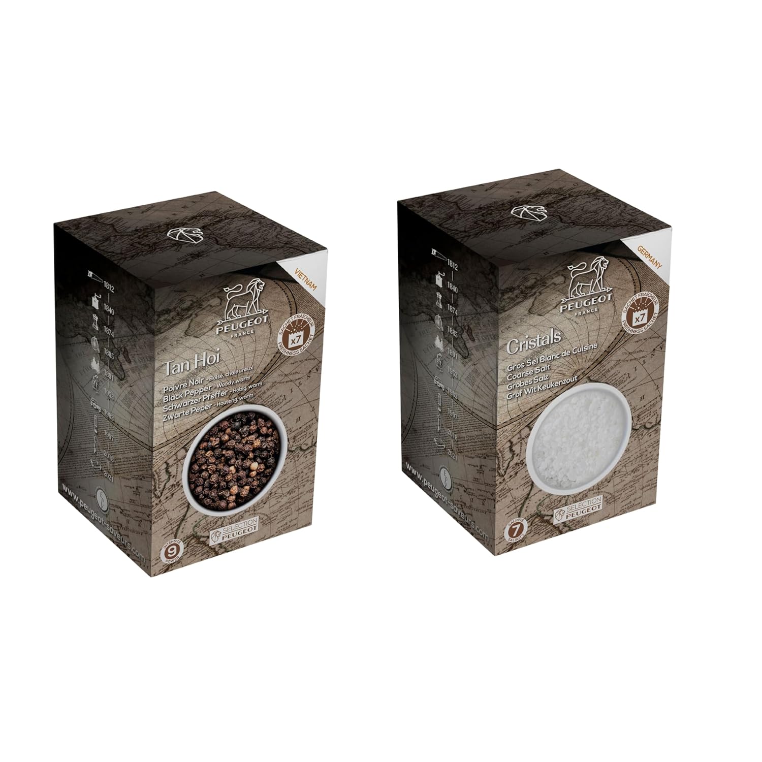 Peugeot Salt & Pepper Sachet Bundle – 14 Sachets Total – Tan Hoi Black Peppercorns (7 x 20g) & Coarse Dry White Salt (7 x 50g)
