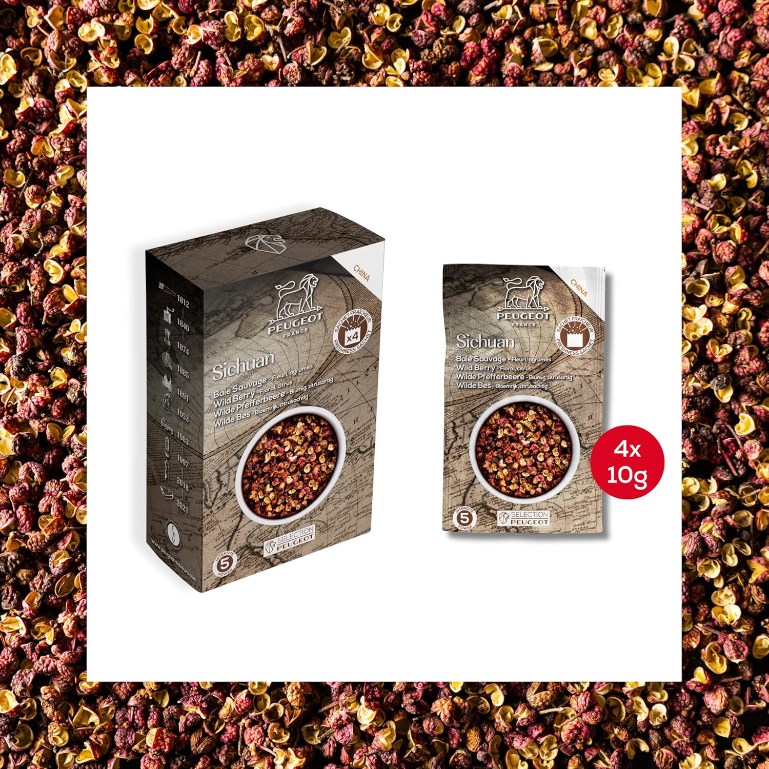 Peugeot Gourmet Spice Sachet Bundle – 15 Sachets Total – Timut Wild Pepper (4 x 10g), Sichuan Red Peppercorns (4 x 10g), & Pink Bolivian Salt (7 x 50g)