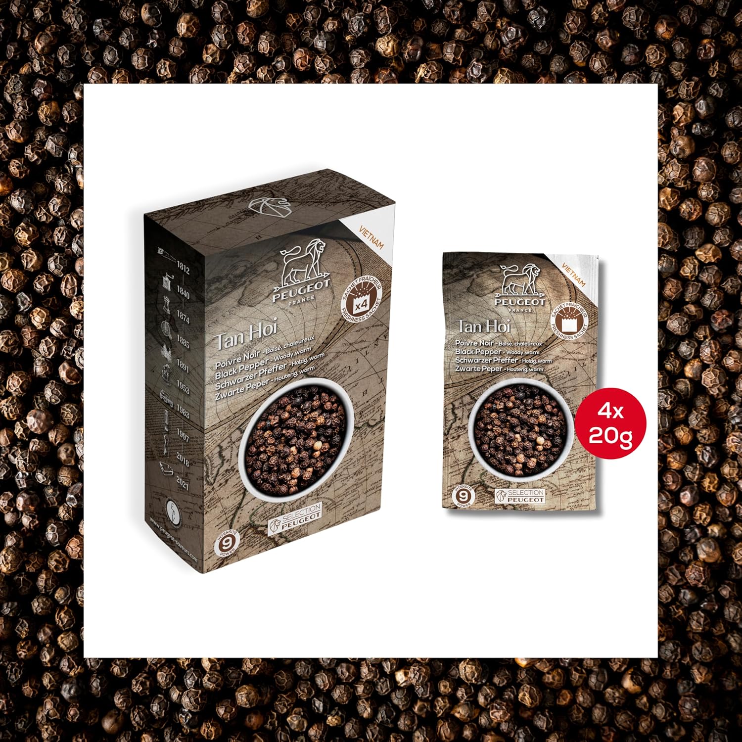 Peugeot Pepper & Salt Sachet Bundle – 15 Sachets Total – Sarawak White Pepper (4 x 20g), Tan Hoi Black Pepper (4 x 20g), & Coarse Dry White Salt (7 x 50g)