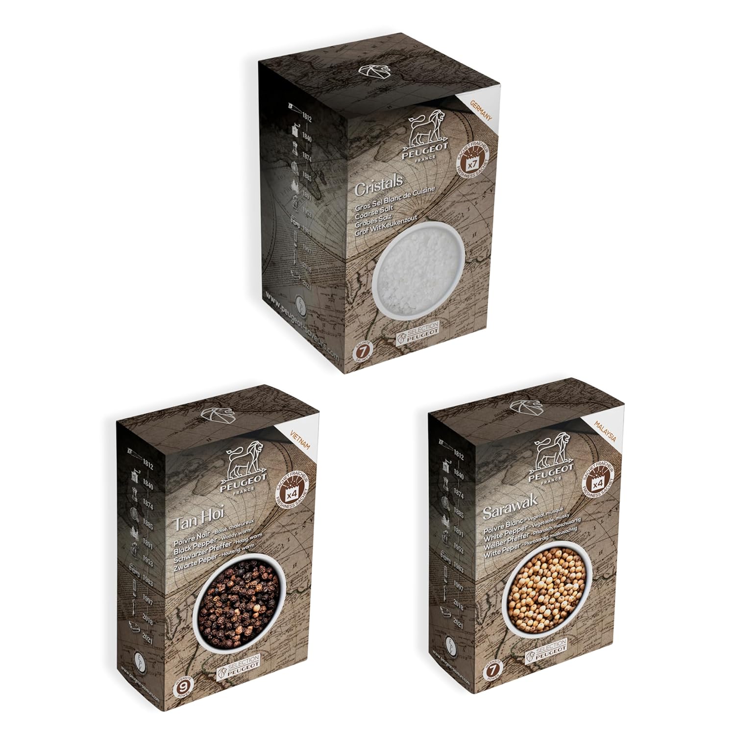 Peugeot Pepper & Salt Sachet Bundle – 15 Sachets Total – Sarawak White Pepper (4 x 20g), Tan Hoi Black Pepper (4 x 20g), & Coarse Dry White Salt (7 x 50g)