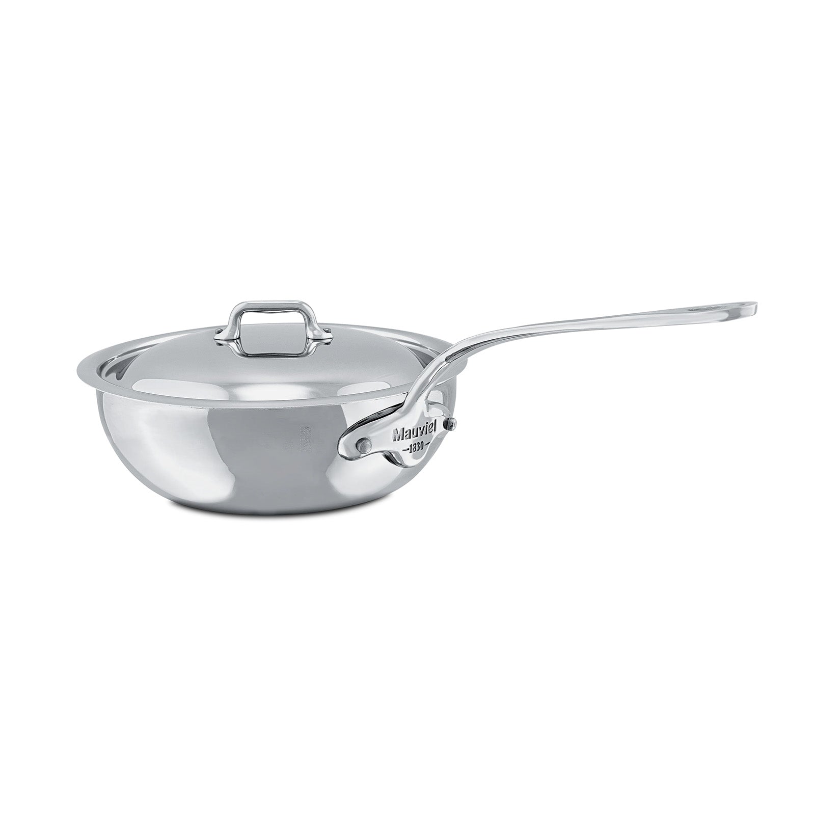 Mauviel M'Cook 2.1 qt. Stainless Steel Curved Splayed Saute Pan with Lid