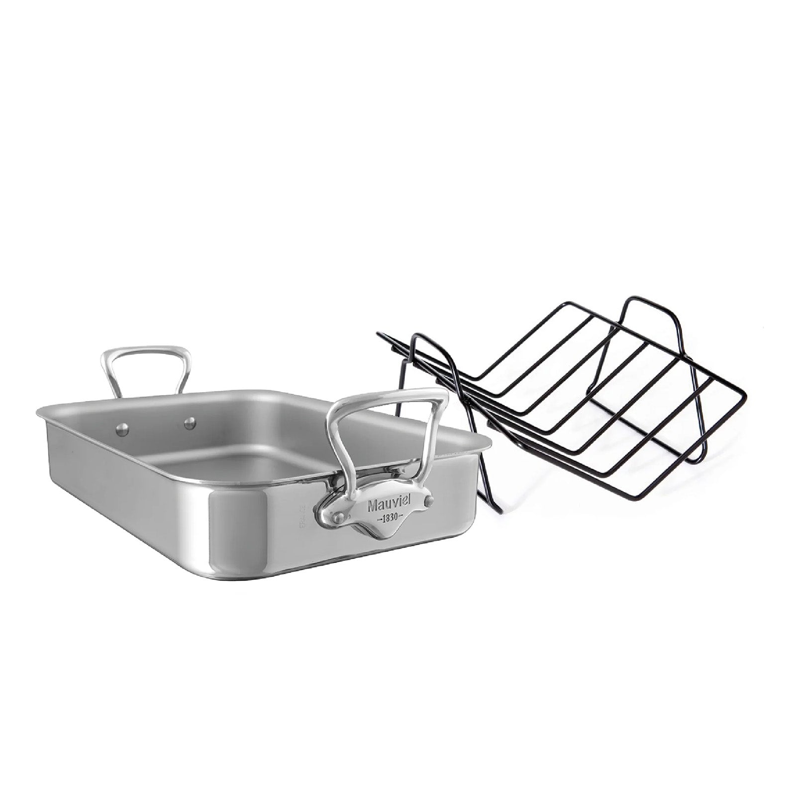 Mauviel M'Cook 5-Ply Stainless Steel Roasting Pan With Rack and Cast Stainless Steel Handles, 15.7 x 11.8-in