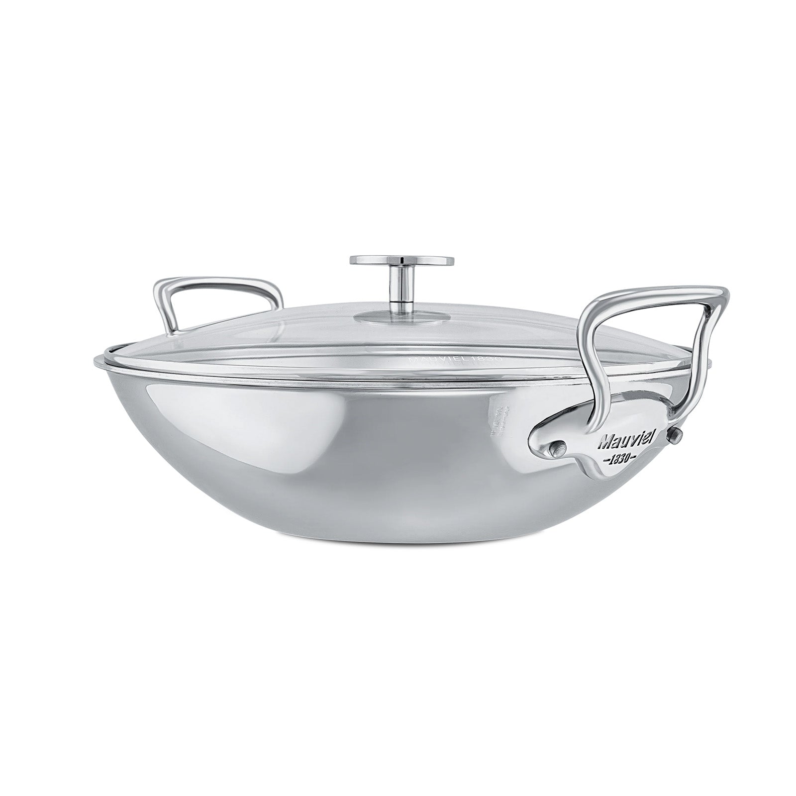 Mauviel M'Cook Stainless Steel Wok with Glass Lid & Cast Handles, 12.6 Inch