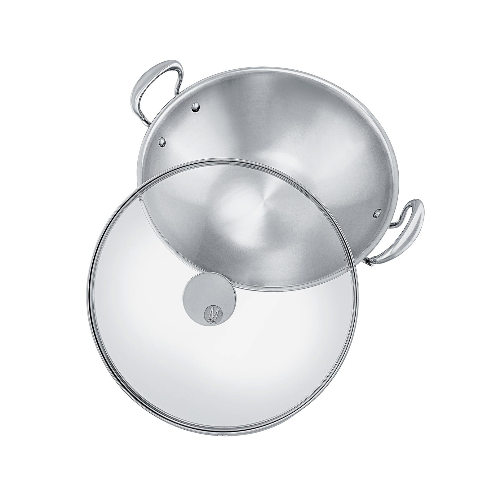 Mauviel M'Cook Stainless Steel Wok with Glass Lid & Cast Handles, 12.6 Inch