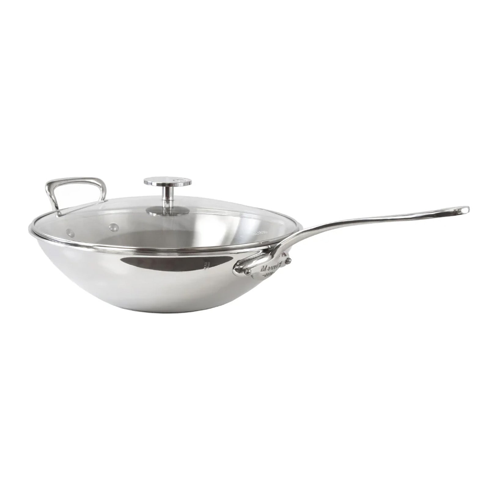 Mauviel M'Cook 12.5 Inch Stainless Steel Wok With Long Handle And Helper Handle