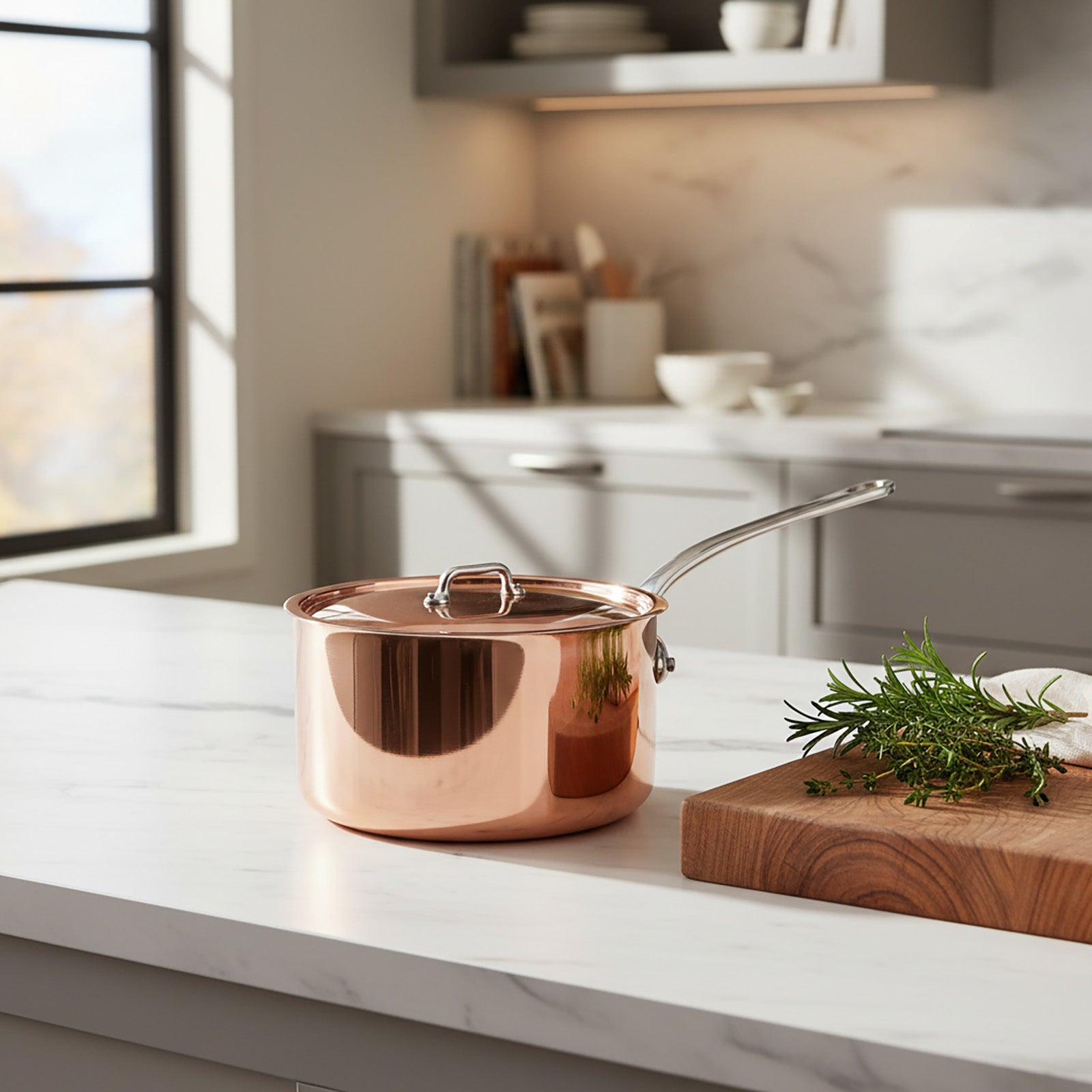 Mauviel M'3 S 3.4-Qt Copper Sauce Pan With Lid, Cast Stainless Steel Handle