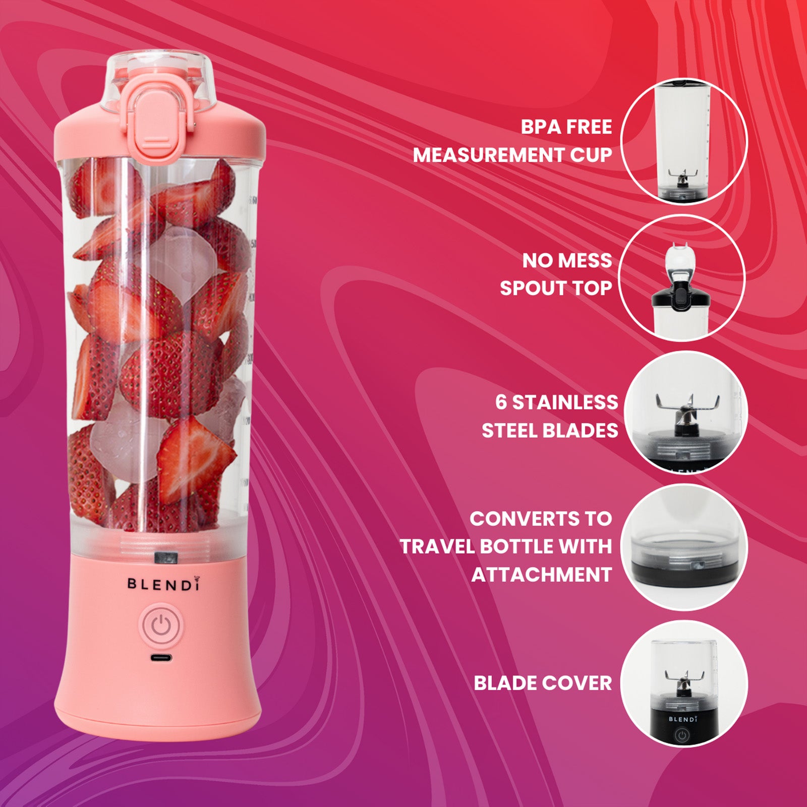 Blendi X 24 oz BPA-Free Rechargable Portable Blender, Pink