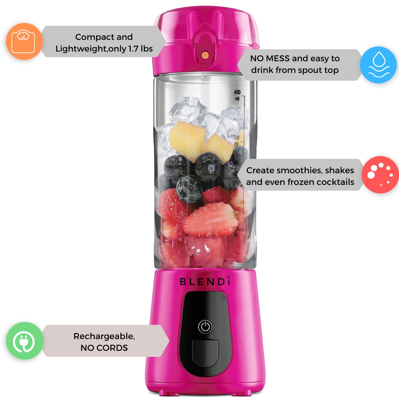 Blendi Pro Plus Premium Cordless Portable 17.5oz Rechargeable Blender, Hot Pink