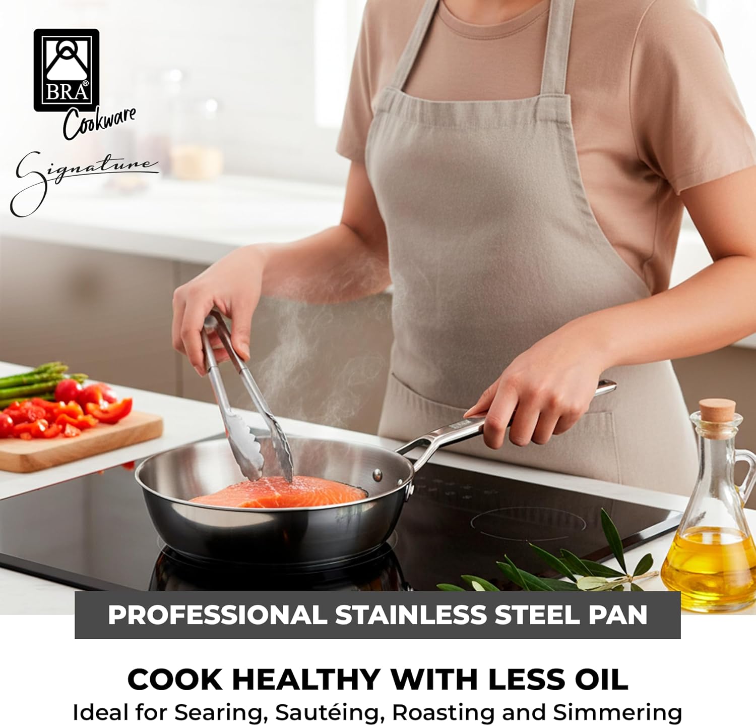 BRA Cookware Signature Stainless Steel Professional Deep High Side Frypan, 8-Inch