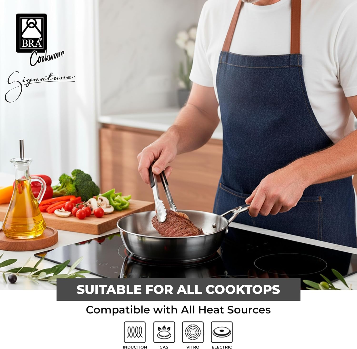 BRA Cookware Signature Stainless Steel Professional Deep High Side Frypan, 11-Inch