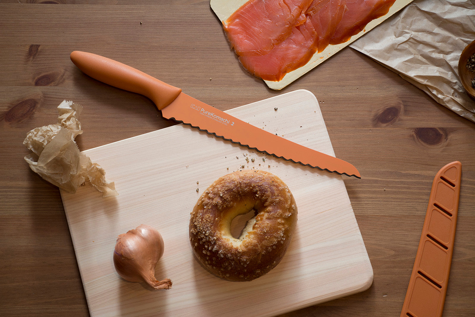 KAI Pure Komachi 2 8 Inch Serrated Bread Knife with Sheath, Orange