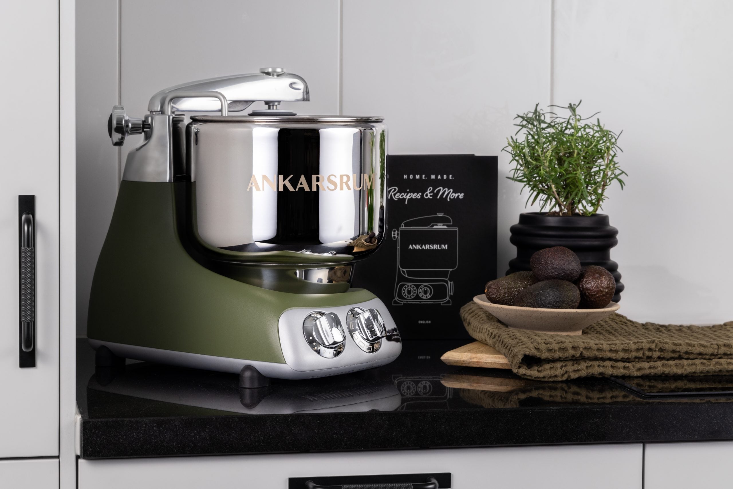 Ankarsrum Original Stand Mixer – 7L Stainless Bowl – Swedish Bread & Dough Mixer with Attachments, Olive Green