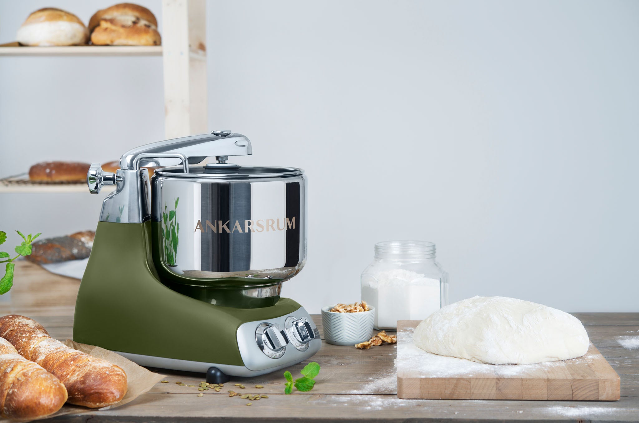 Ankarsrum Original Stand Mixer – 7L Stainless Bowl – Swedish Bread & Dough Mixer with Attachments, Olive Green