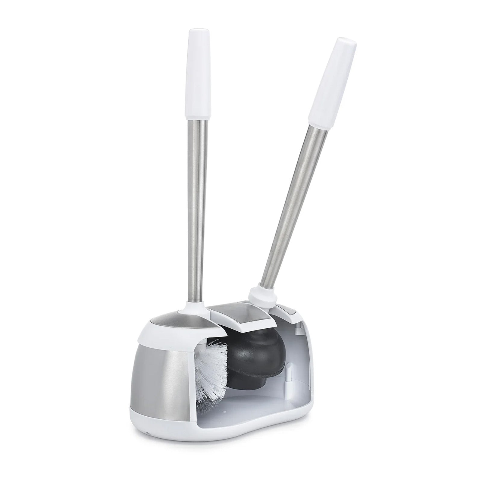 Polder Stainless-Steel Dual Bath Caddy with Toilet Brush and Plunger, White
