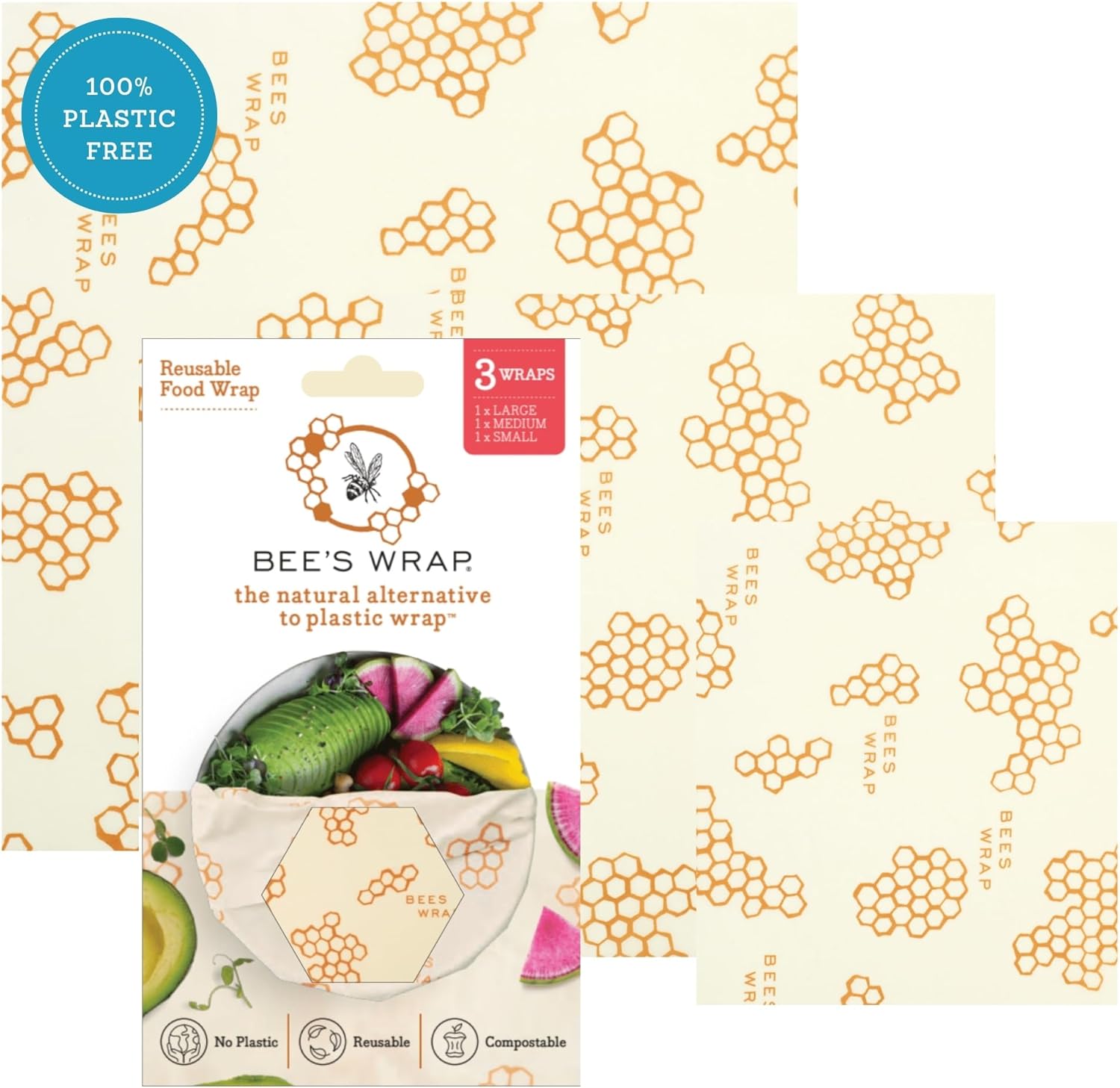 Bee's Wrap Reusable Beeswax Food Wraps, Assorted 3-Pack, Honeycomb