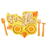 Constructive Eating Truck Theme Divided Suction Training Plate and Utensils for Kids and Toddlers, Yellow