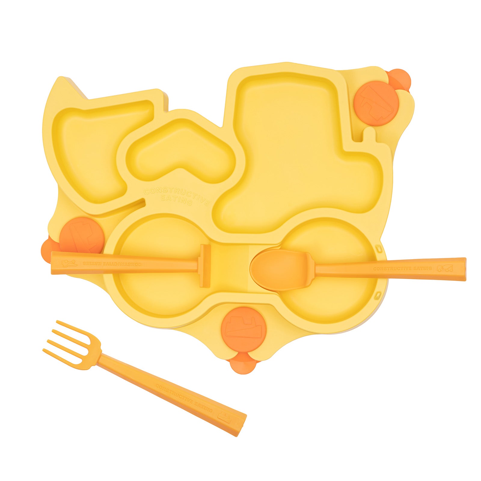 Constructive Eating Truck Theme Divided Suction Training Plate and Utensils for Kids and Toddlers, Yellow