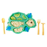 Constructive Eating Turtle Theme Divided Suction Training Plate and Utensils for Kids and Toddlers, Green