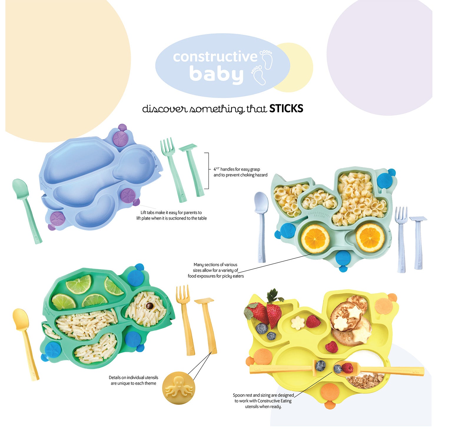 Constructive Eating Turtle Theme Divided Suction Training Plate and Utensils for Kids and Toddlers, Green