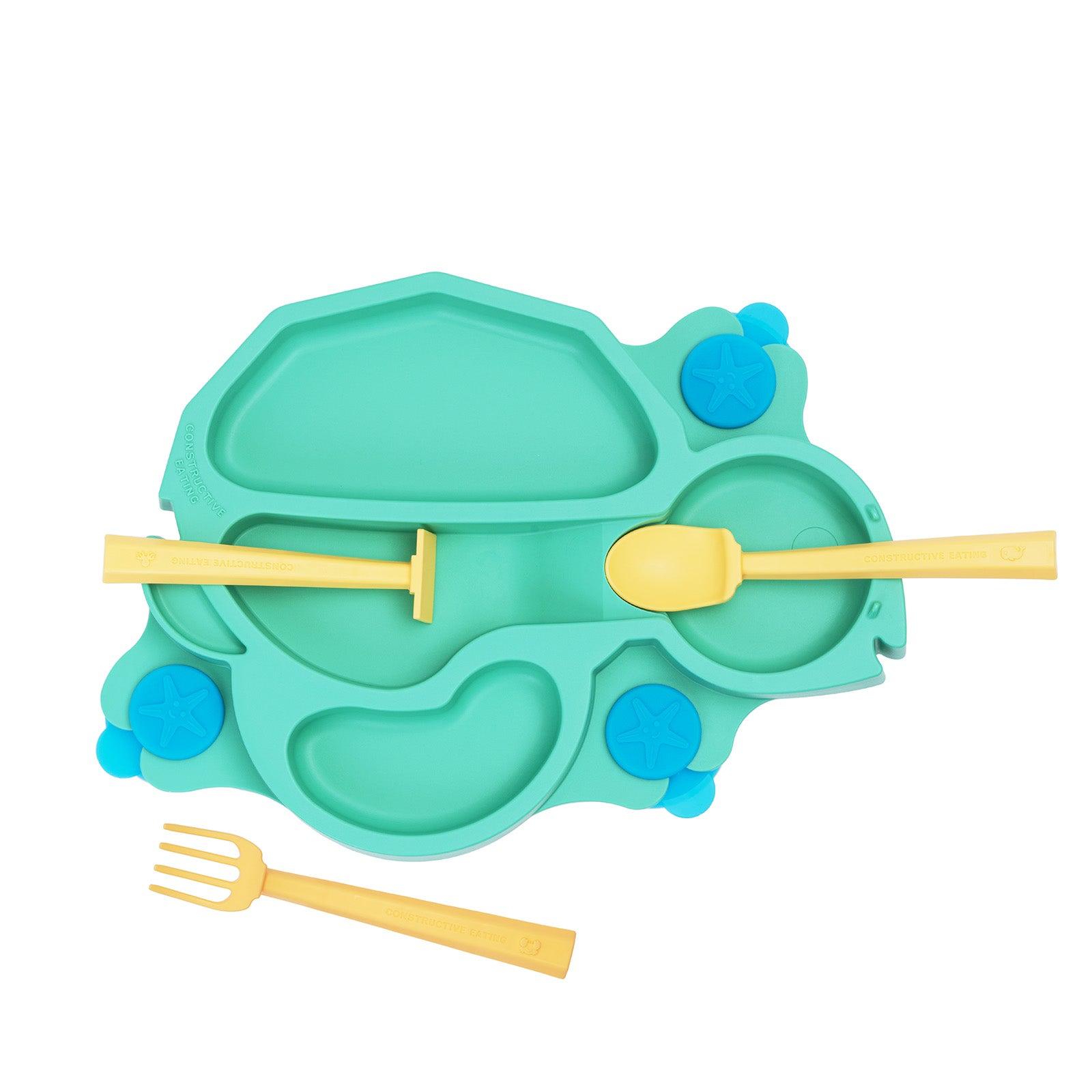 Constructive Eating Turtle Theme Divided Suction Training Plate and Utensils for Kids and Toddlers, Green