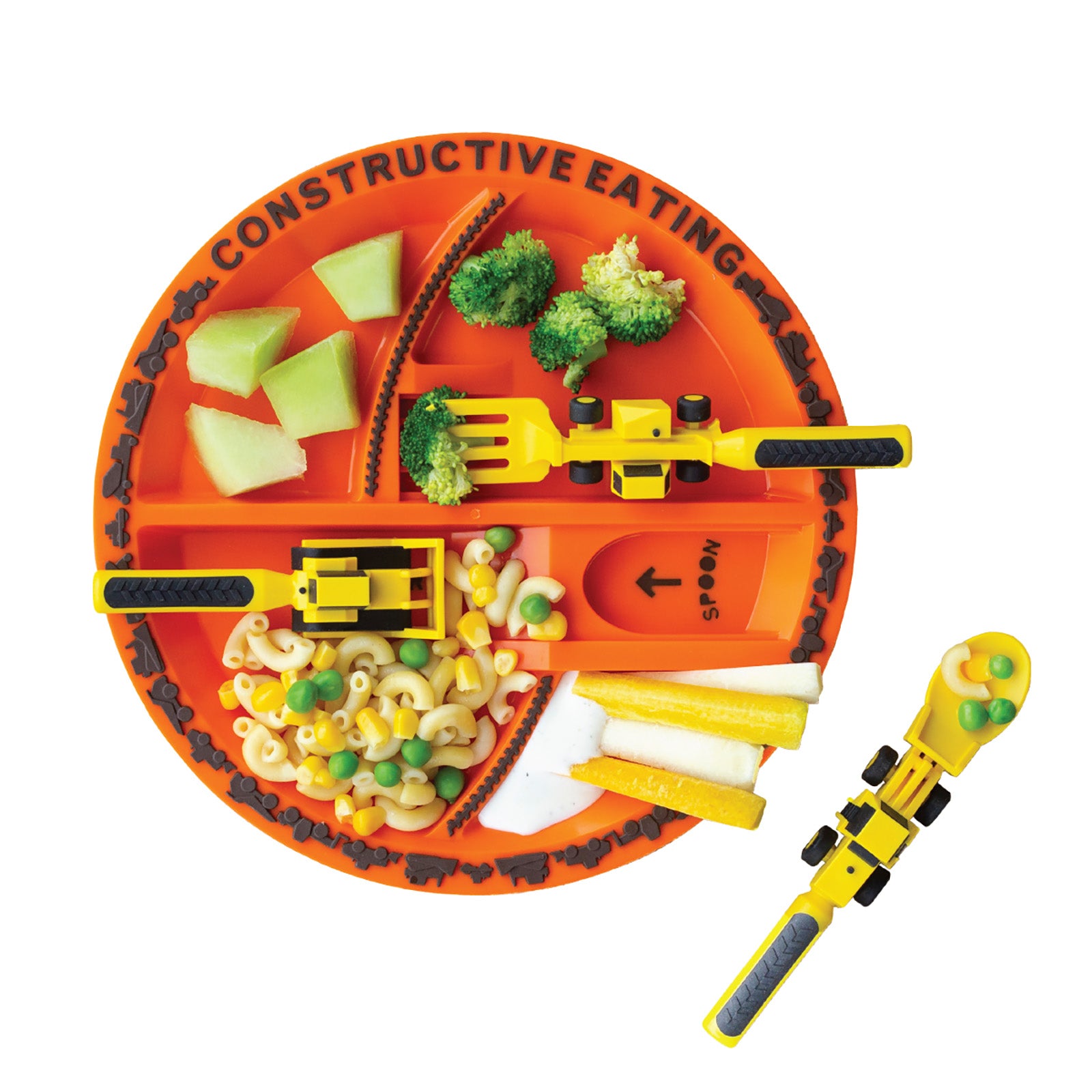Constructive Eating Construction Utensil and Divided Plate Set for Kids and Toddlers