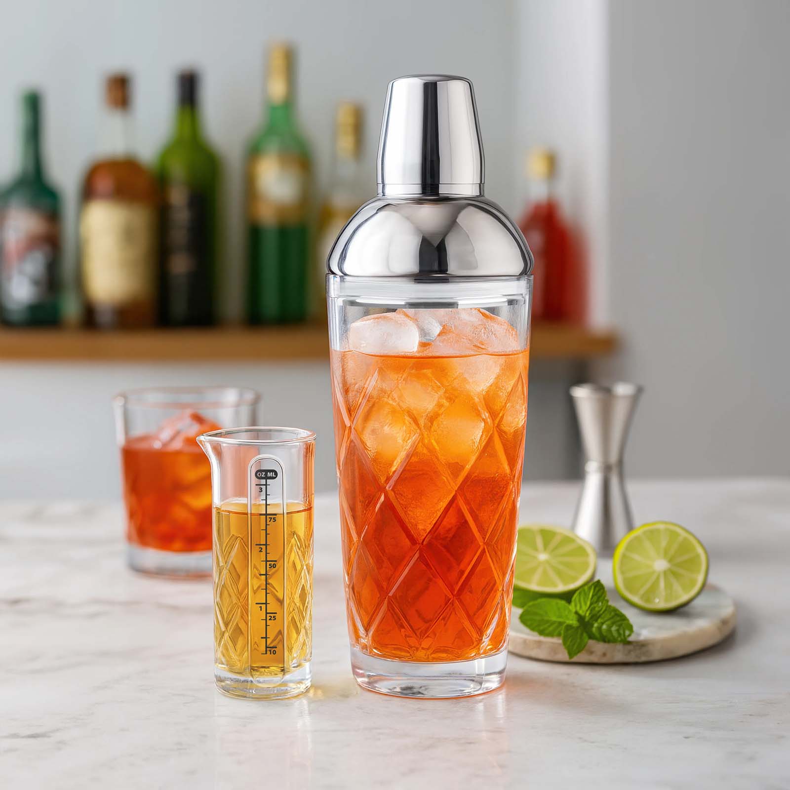 Final Touch Yarai Glass Cocktail Shaker & Jigger Set, Stainless Steel