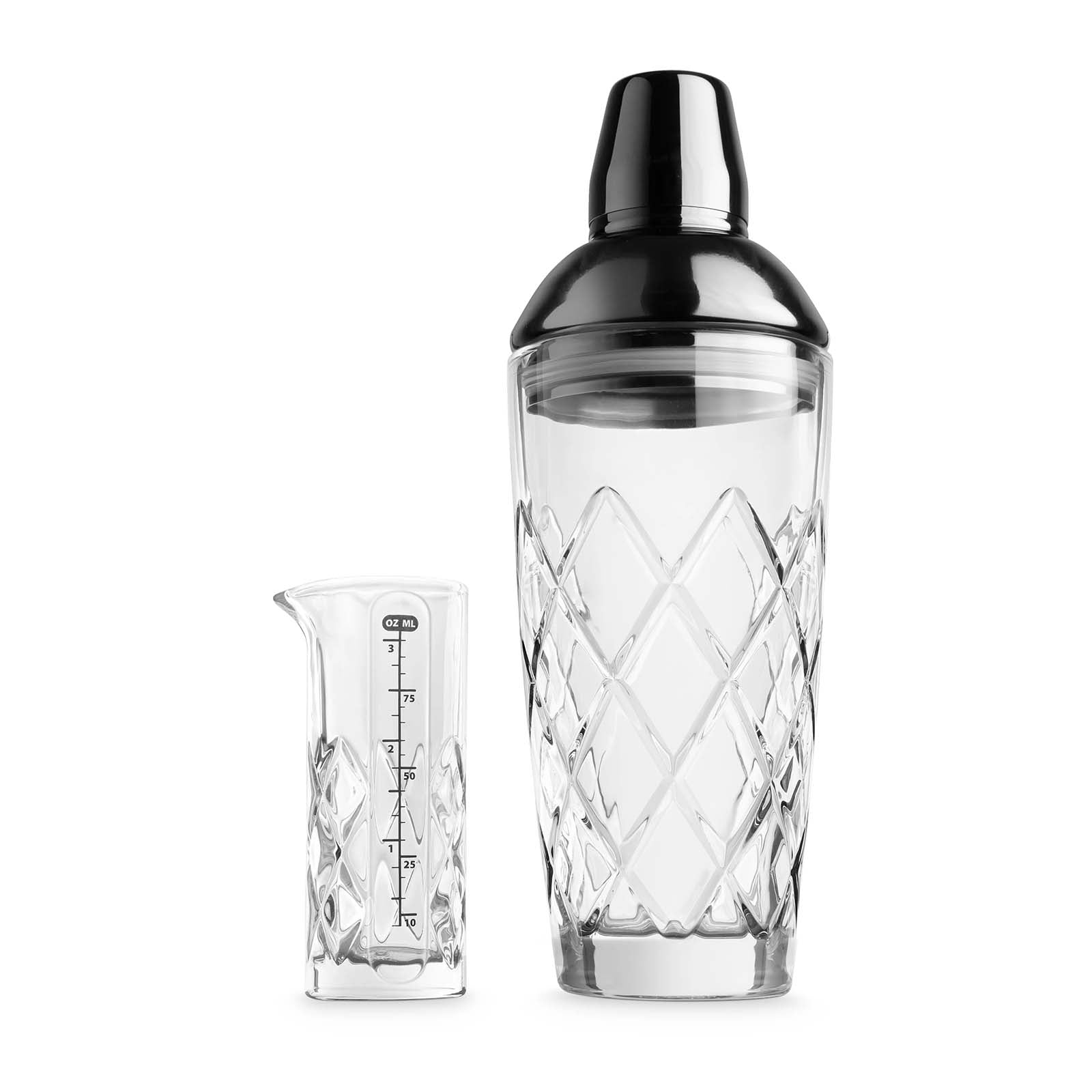 Final Touch Yarai Glass Cocktail Shaker & Jigger Set, Black Chrome