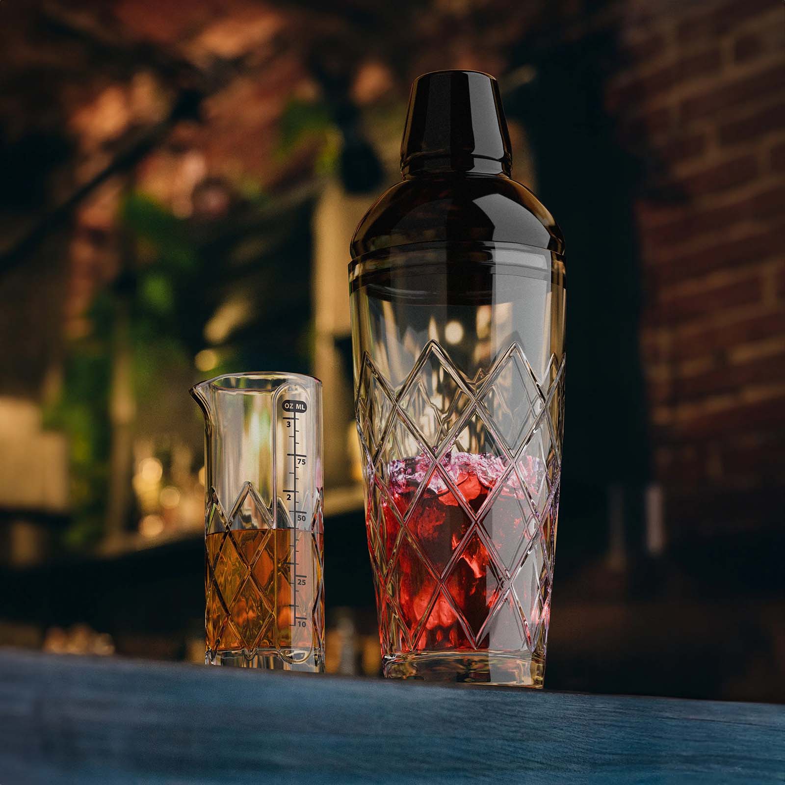 Final Touch Yarai Glass Cocktail Shaker & Jigger Set, Black Chrome