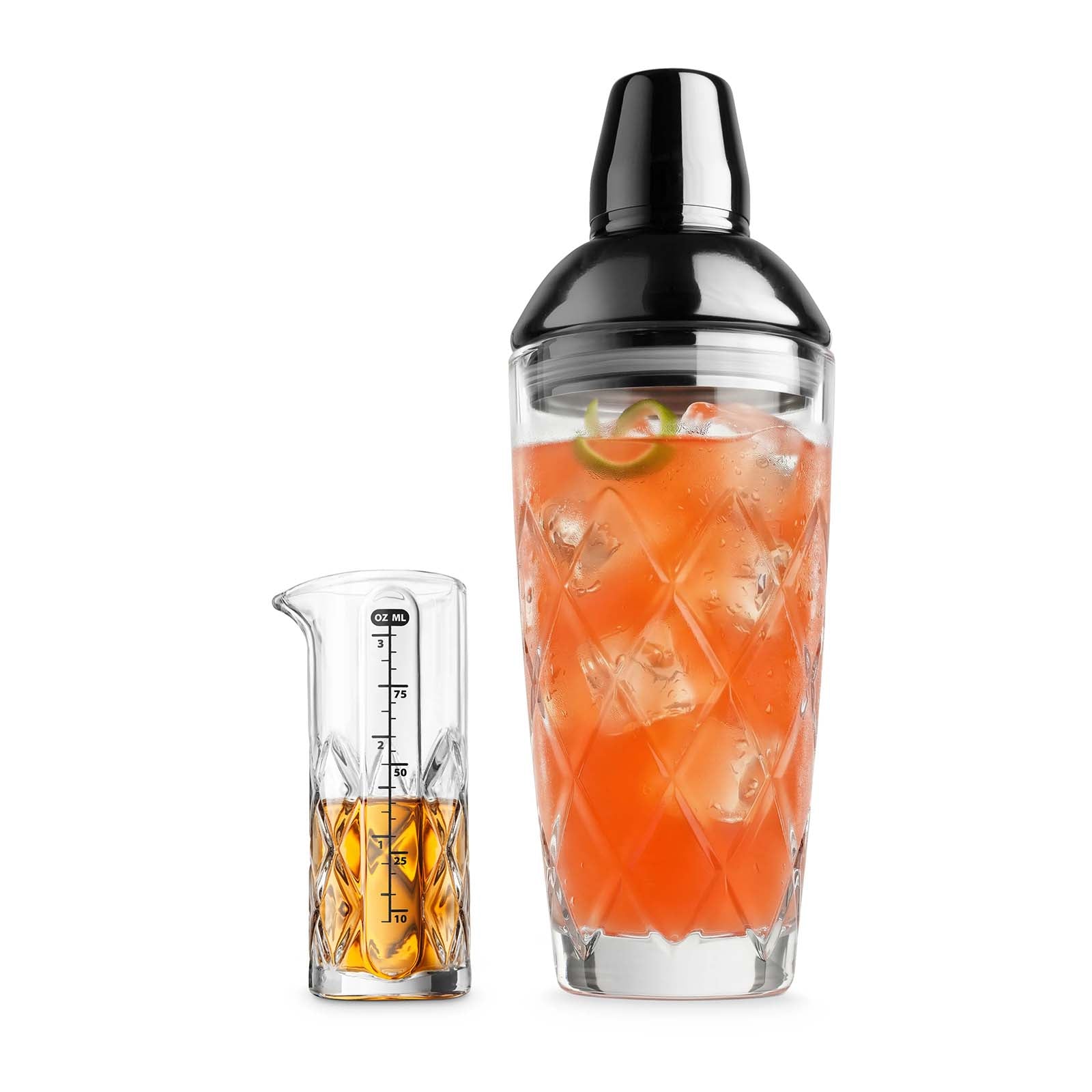 Final Touch Yarai Glass Cocktail Shaker & Jigger Set, Black Chrome