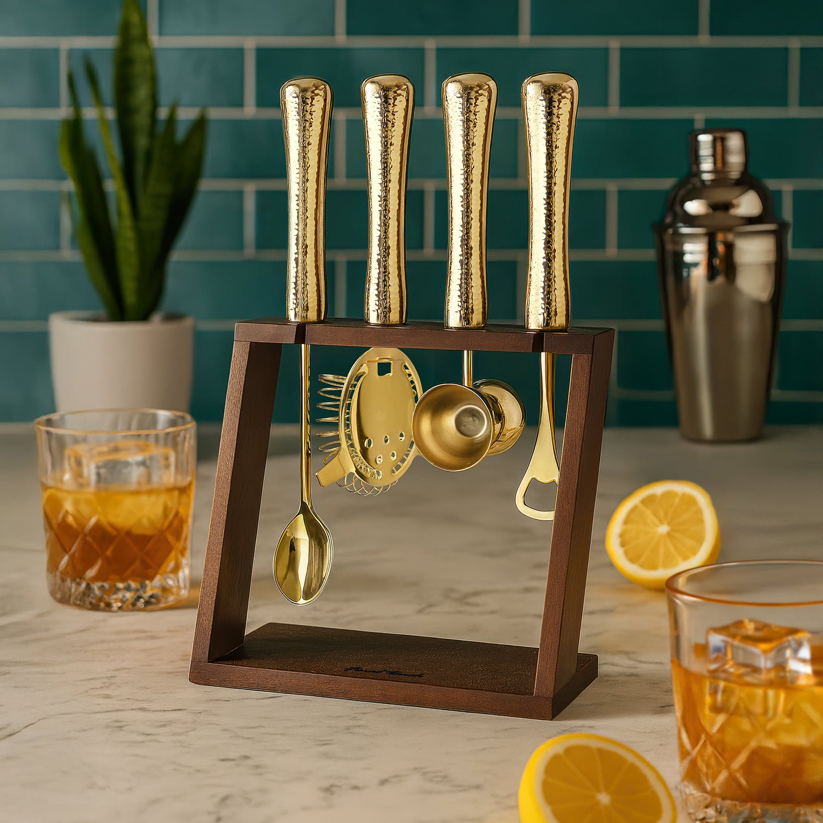 Final Touch 4 Piece Bar Tool Set with Stand - Brass Metal Handles