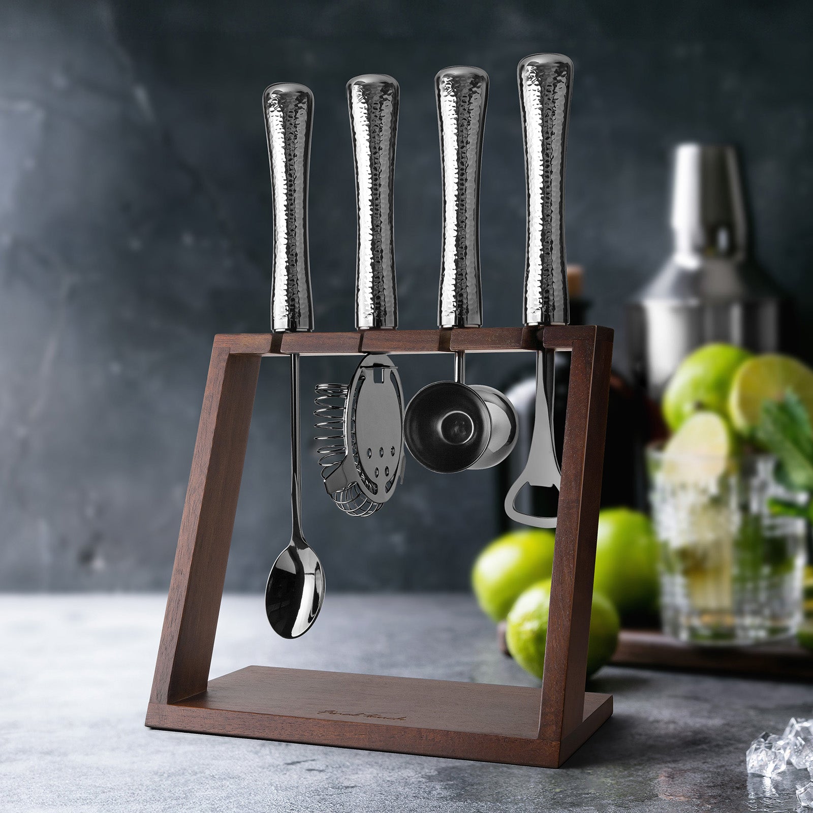 Final Touch 4 Piece Bar Tool Set with Stand - Black Chrome Metal Handles