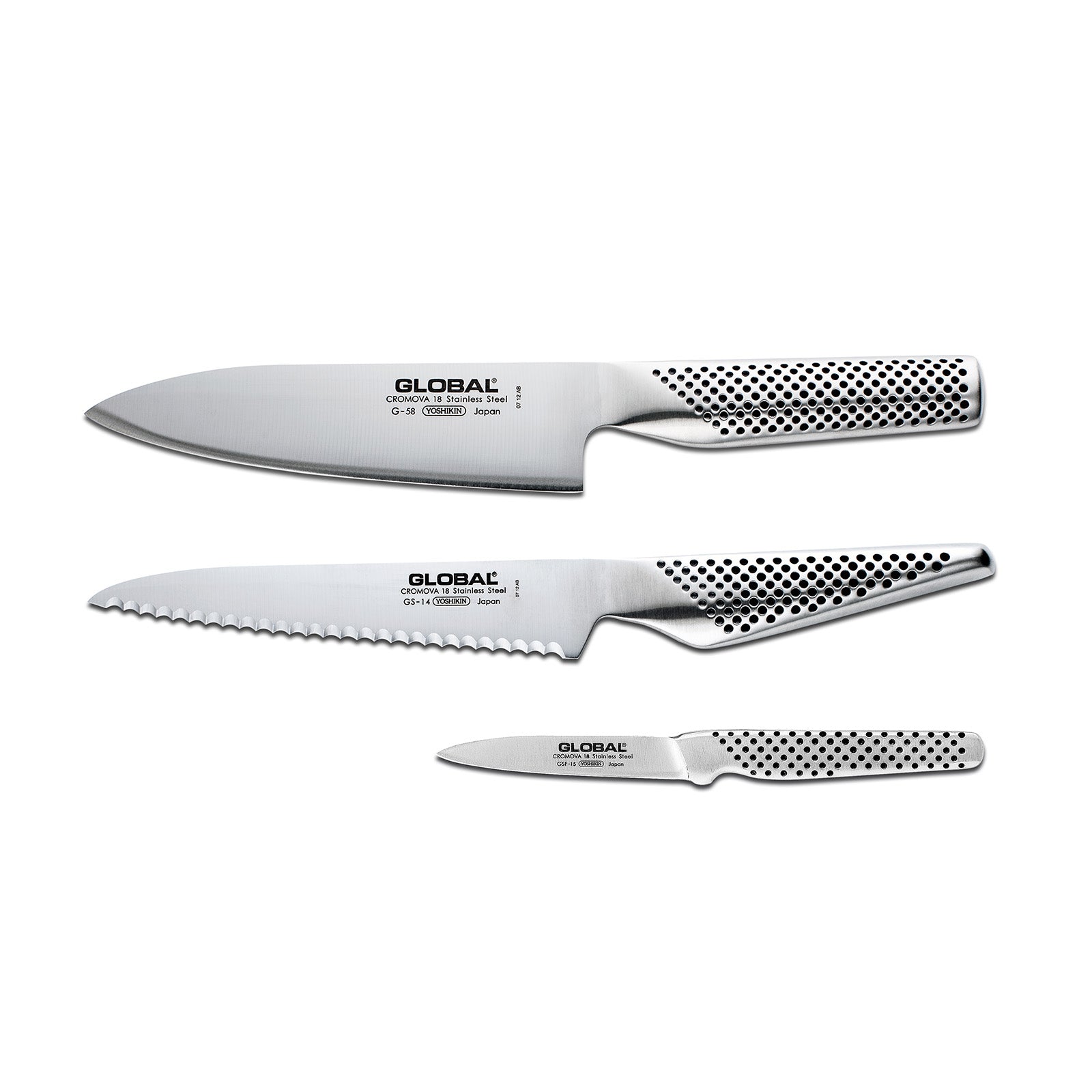 Global 3 Piece Kitchen Knife Set, 6-Inch Chef's, 6-Inch Utility, 3-Inch Paring