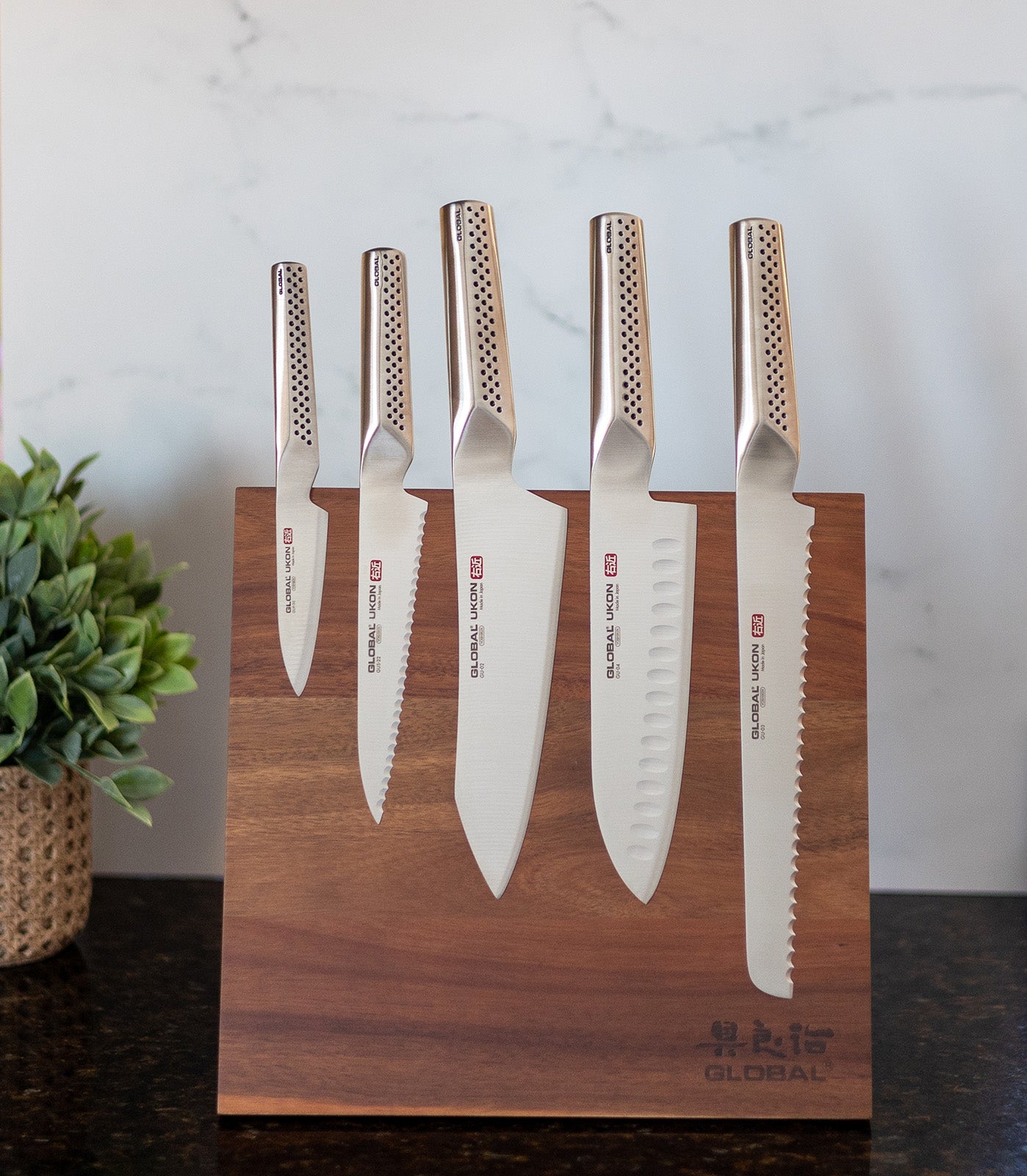 Global Bitoku Ukon Essentials 6 Piece Knife Set with Magnetic Block, Acacia