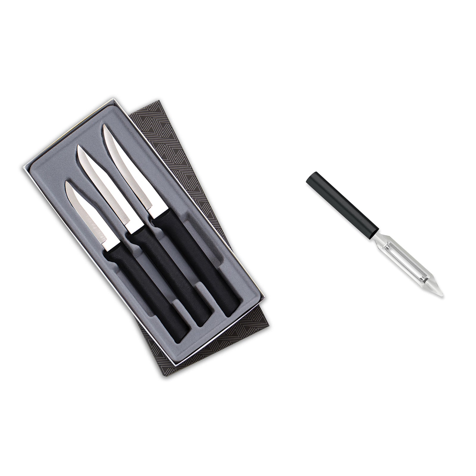 Rada 3 Piece Paring Knives Galore Set & 1.75-Inch Swivel Vegetable Peeler, Black Handless