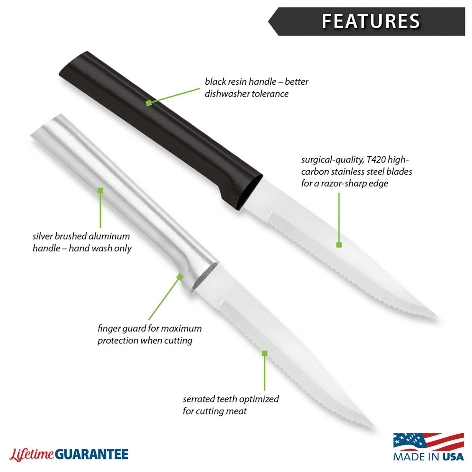 Rada 6 Piece Serrated Steak Knives Set with Gift Box, Black Handles