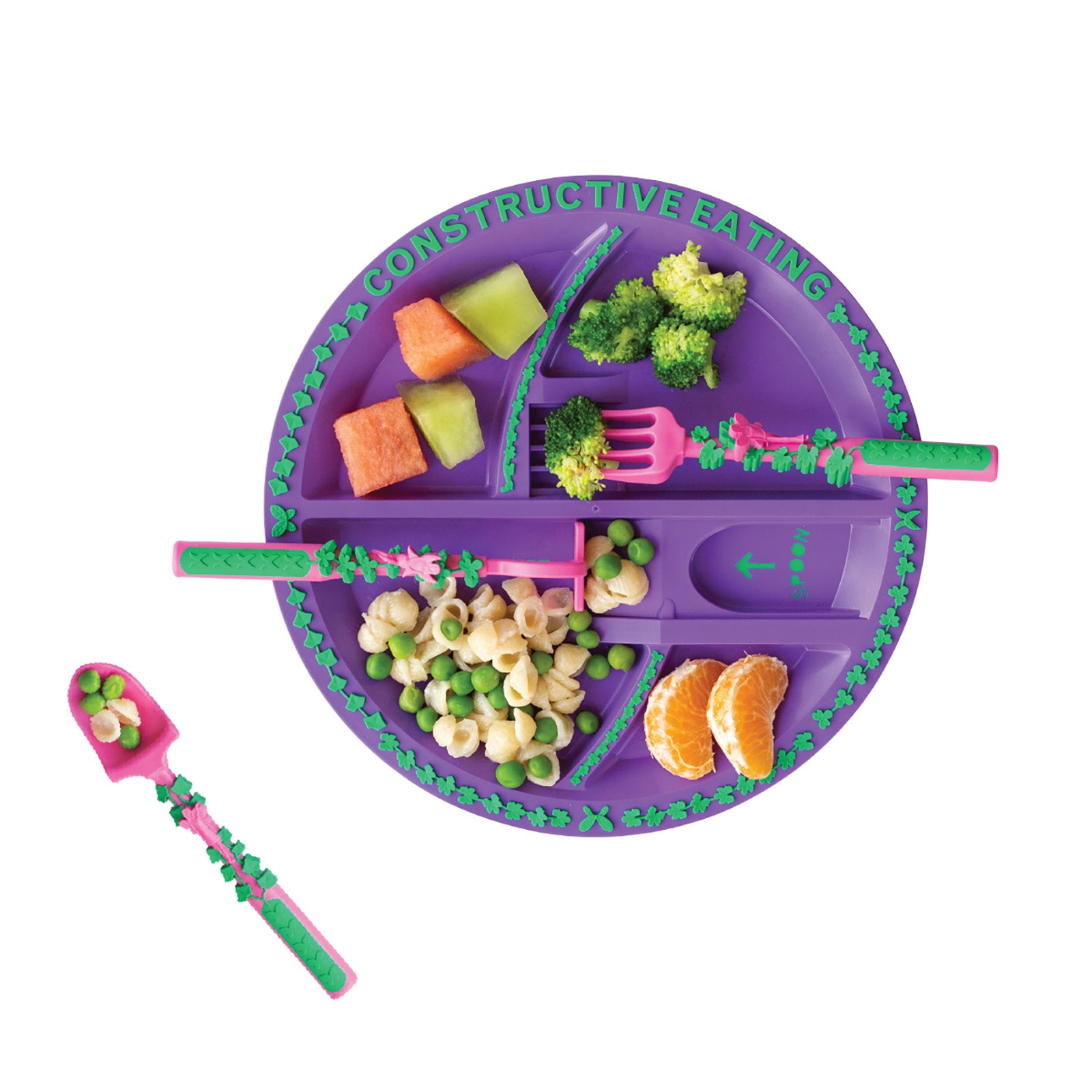 Constructive Eating Garden Fairy Utensil, Divided Plate, and Placemat Set for Kids and Toddlers