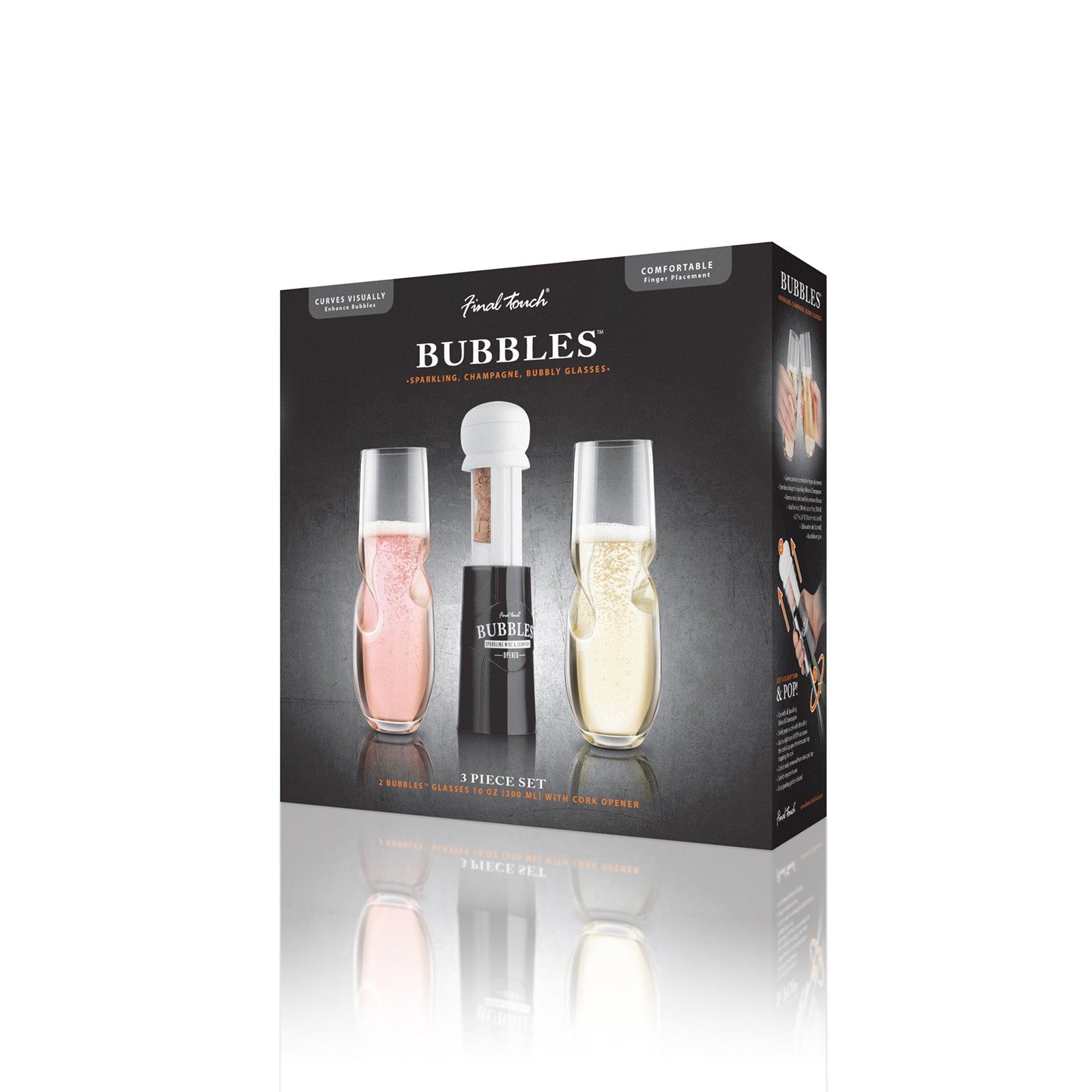 Final Touch Bubbles Sparkling, Champagne, Bubbly Glass Set with Opener - 10 oz (300 ml)