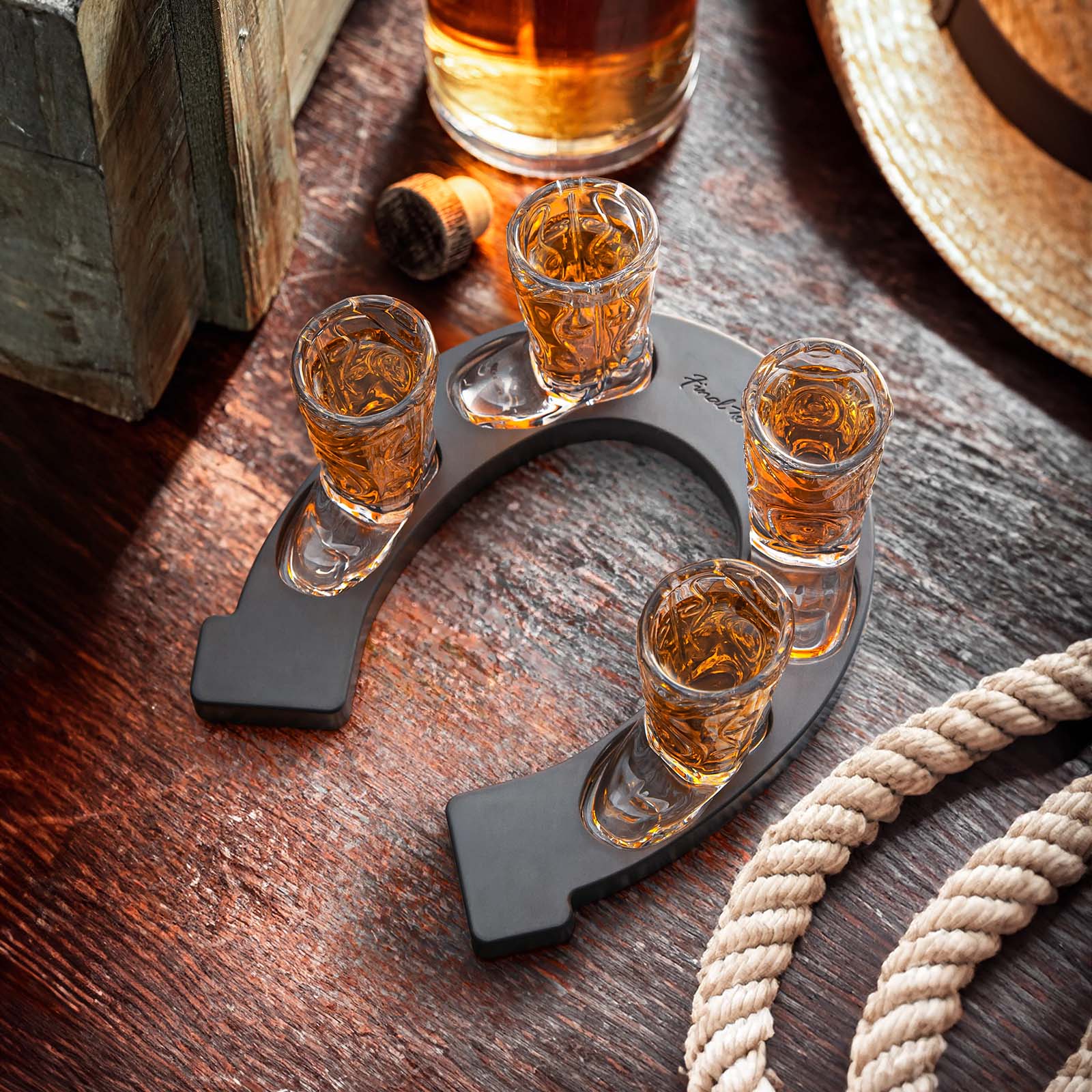 Final Touch Wild West Cowboy Boot Shotglass Set with Horseshoe Shaped Serving Tray