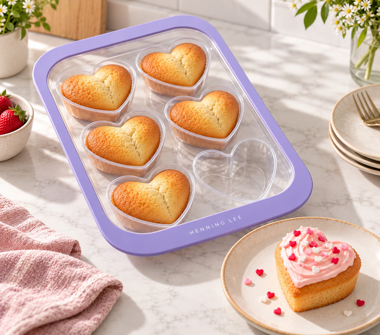 Henning Lee Look & Cook Silicone 6-Cup Heart Shape Baking Pan, Purple